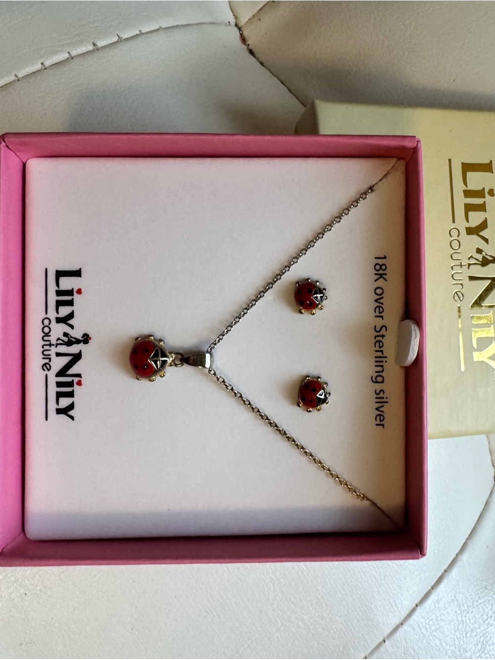 Ily Couture Red and Silver Ladybug Pendant Necklace with Matching Studs
